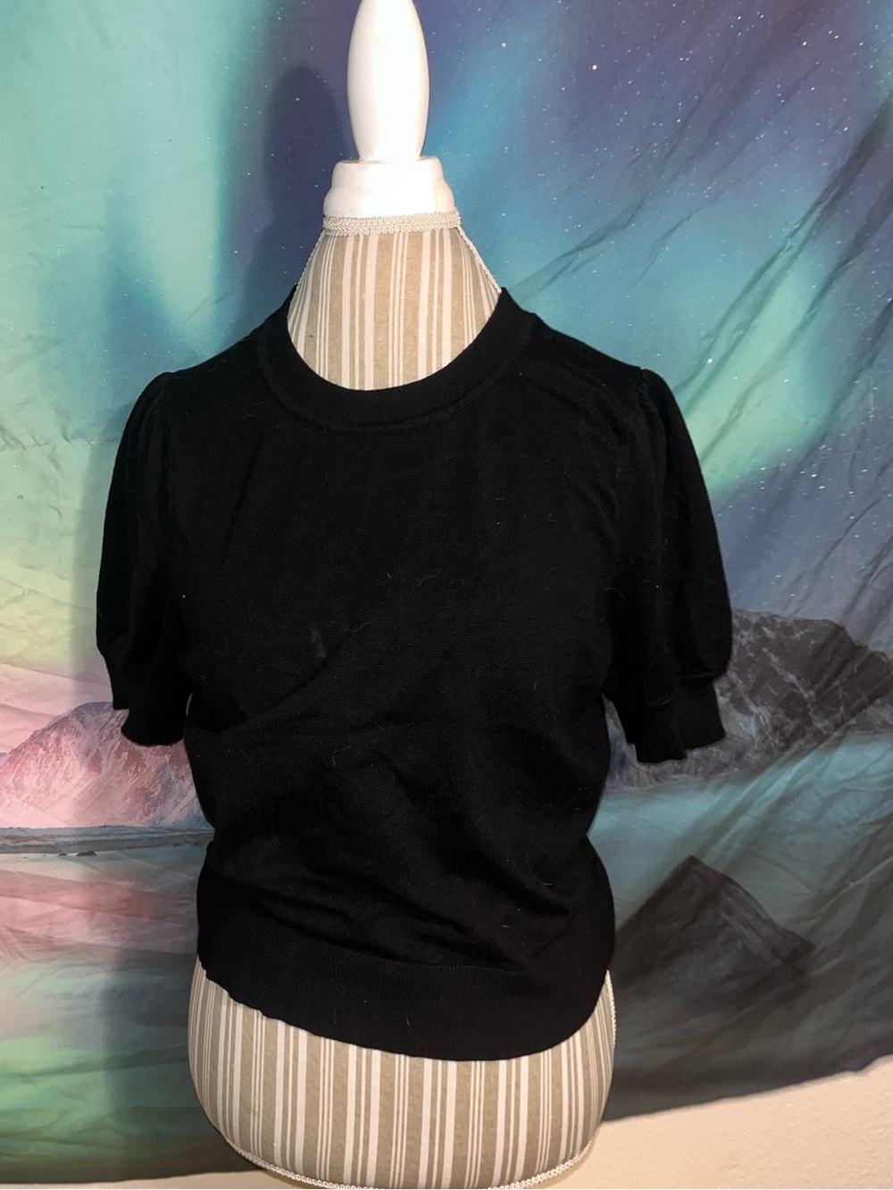Marled Black Puff-Sleeve Crewneck Sweater